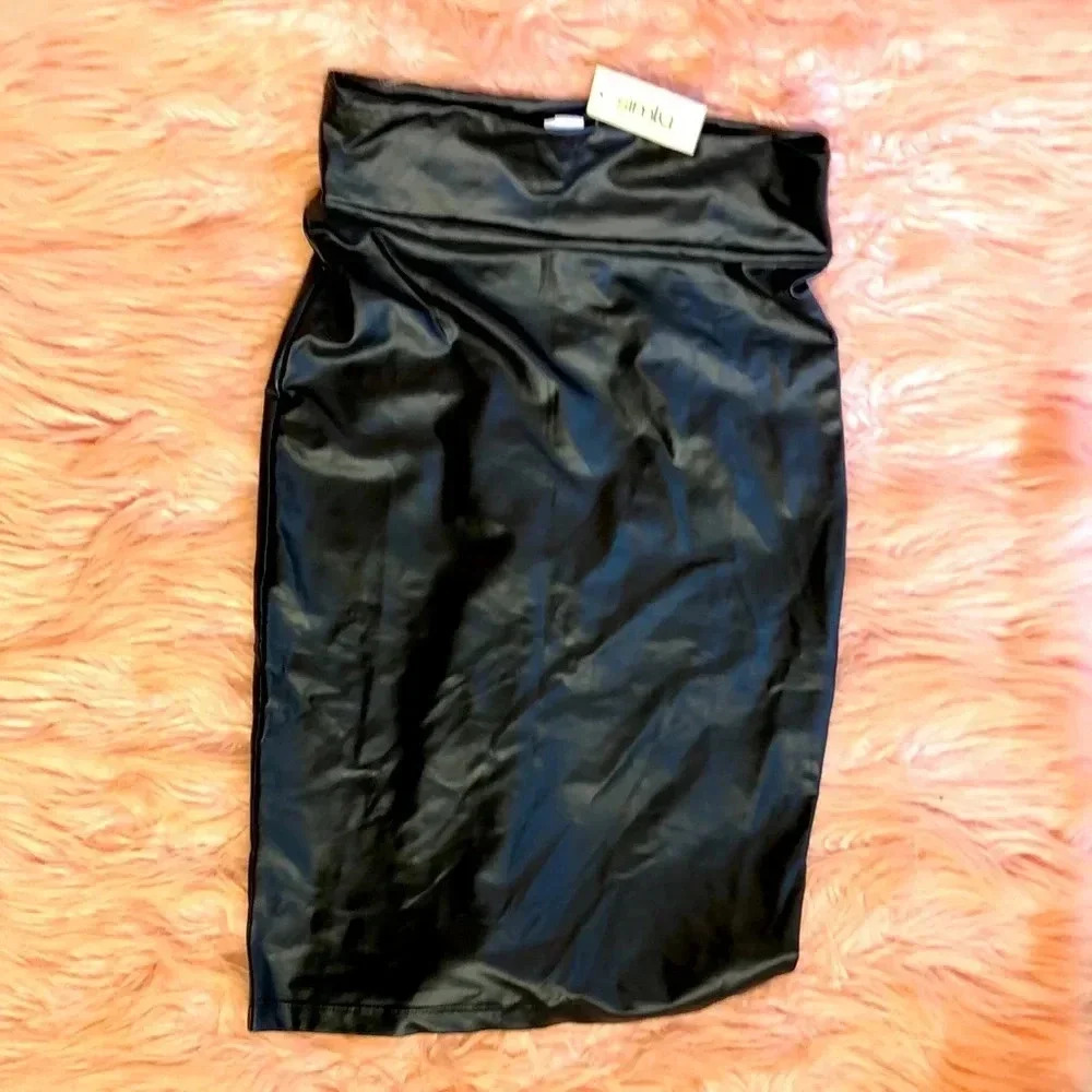 Original Black Simlu Polyester Leather-look High-waisted MIDI Skirt